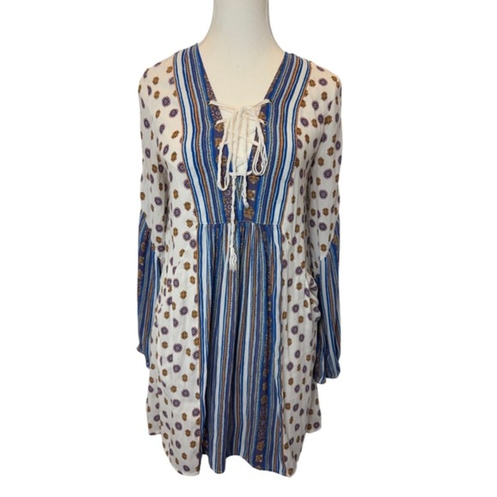 Free People XS Rain Shine Print Lace-Up Long Sleeve Swing Mini Dress Blue White‎
